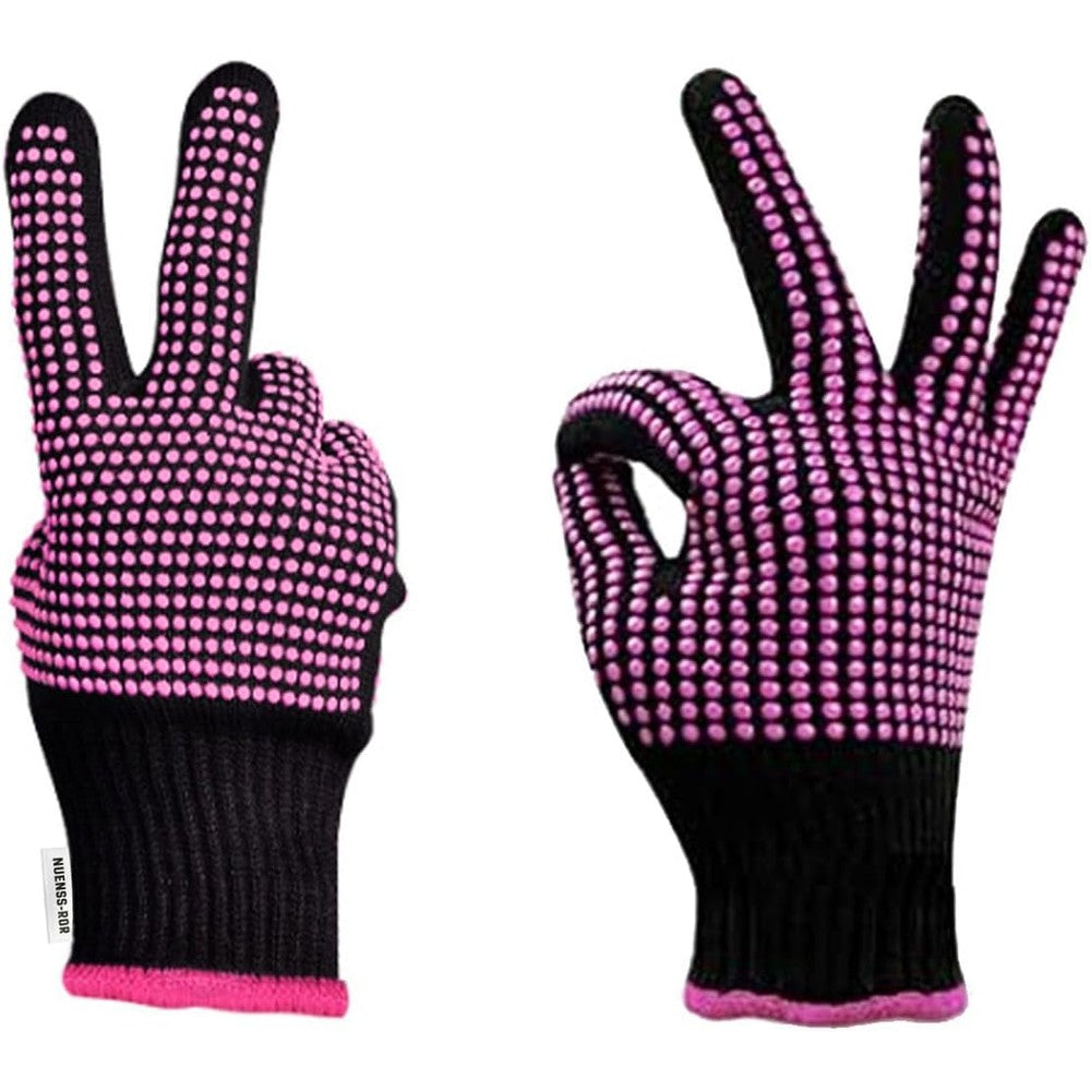 NUENSS-ROR multipurpose heat resistant styling gloves front view showing pink silicone bumps.