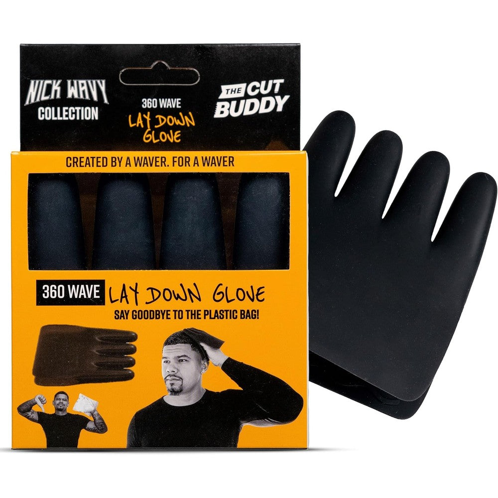 The Cut Buddy Nick Wavy Collection 360 Wave Lay Down Glove front view showing matte black silicone texture
