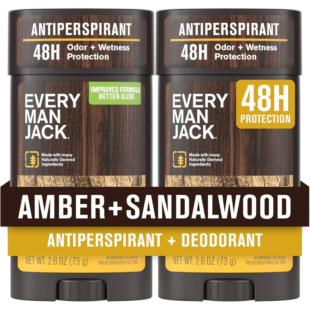 Every Man Jack Amber and Sandalwood Antiperspirant Deodorant twin pack front view showcasing the clean product packaging.