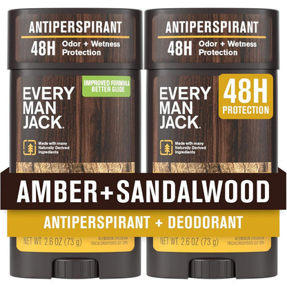 Every Man Jack Amber and Sandalwood Antiperspirant Deodorant twin pack front view showcasing the clean product packaging.