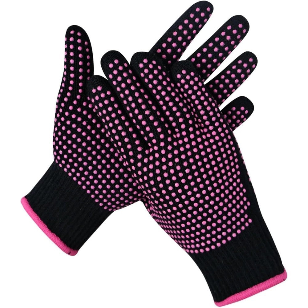 AnLipro professional heat resistant hair styling gloves front view showing pink silicone bumps for curling iron safety