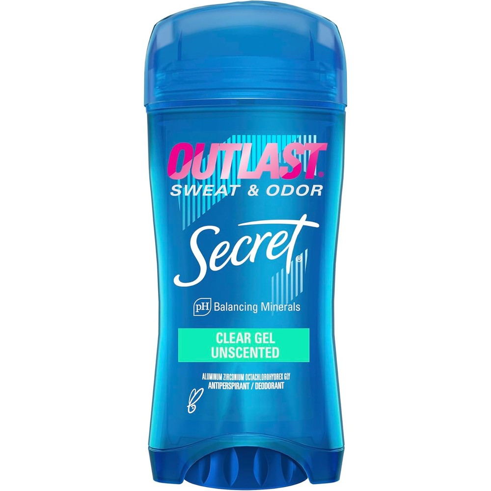 Secret Outlast Clear Gel Antiperspirant Deodorant Unscented front view showing seventy two hour protection label