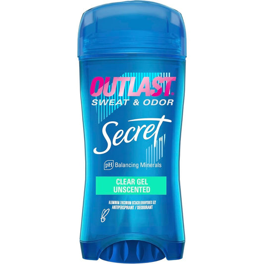 Secret Outlast Clear Gel Antiperspirant Deodorant Unscented front view showing seventy two hour protection label