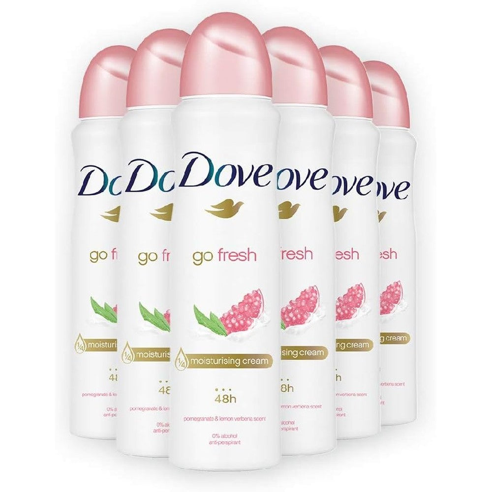 Dove Go Fresh pomegranate antiperspirant deodorant spray front view six pack set