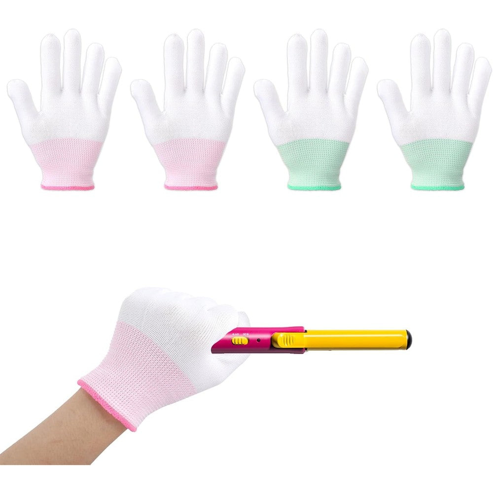 Exircy heat resistant gloves for hair styling front view showing pink and green wristbands.