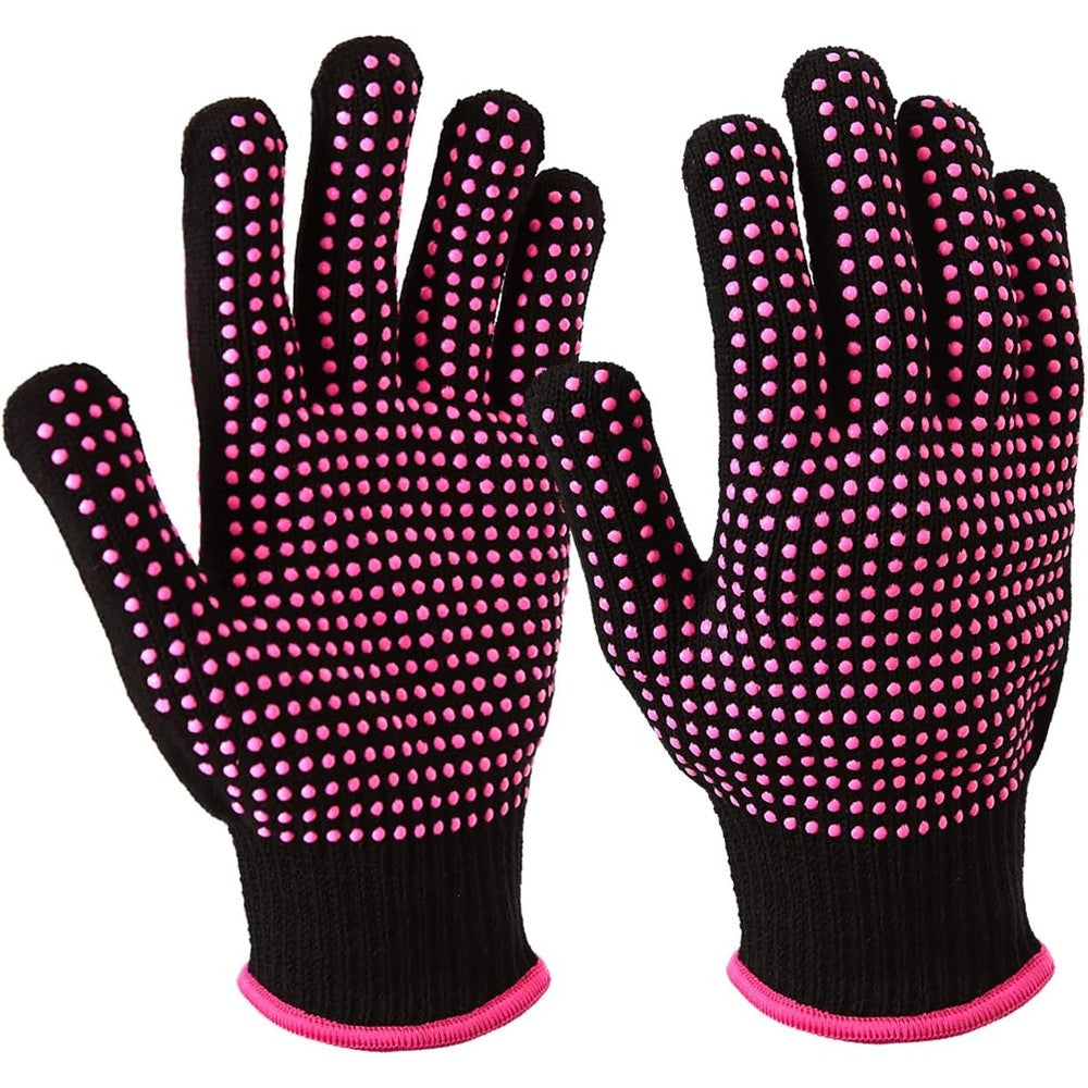 Yantaisiyu heat resistant gloves front view showing the pink silicone grip bumps for hair styling protection.