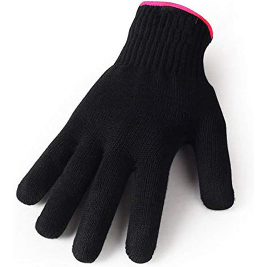AFT90 Heat Resistant Glove for Hair Styling front view showcasing the black knitted texture and pink edge accent.