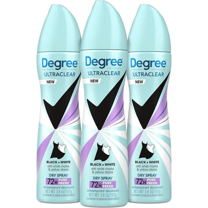 Degree Women UltraClear Black and White Pure Fresh antiperspirant spray front view for long lasting underarm protection.