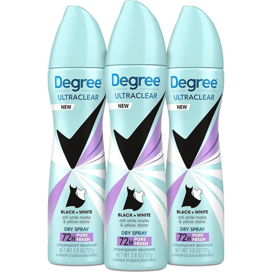 Degree Women UltraClear Black and White Pure Fresh antiperspirant spray front view for long lasting underarm protection.