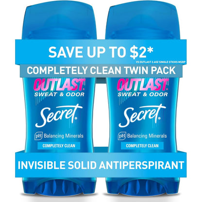 Secret Outlast Antiperspirant Deodorant Twin Pack front view showing Completely Clean scent packaging.