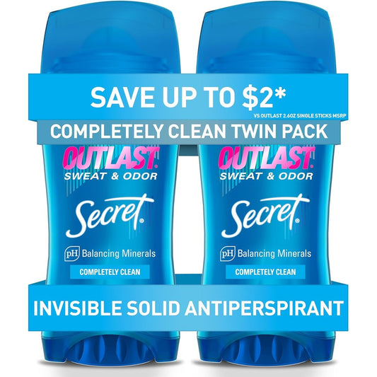 Secret Outlast Antiperspirant Deodorant Twin Pack front view showing Completely Clean scent packaging.