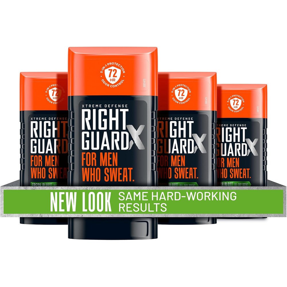 Right Guard Xtreme Defense Fresh Blast Antiperspirant Deodorant front view showing 4 pack