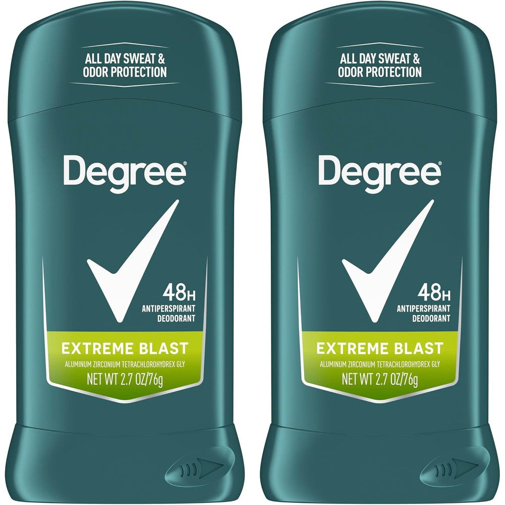 Degree Men Extreme Blast Antiperspirant Deodorant front view showing twin pack packaging