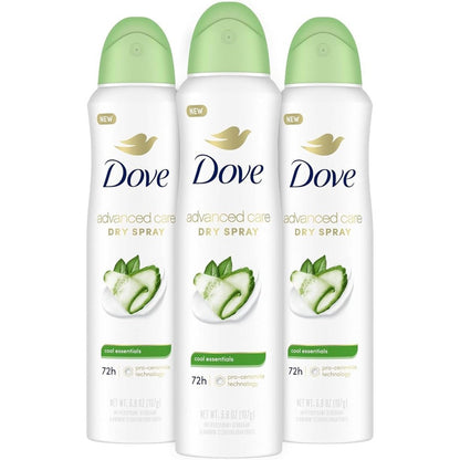 Dove Advanced Care Antiperspirant Dry Spray Cool Essentials front view pack of three