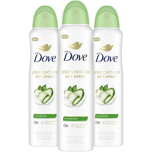 Dove Advanced Care Antiperspirant Dry Spray Cool Essentials front view pack of three