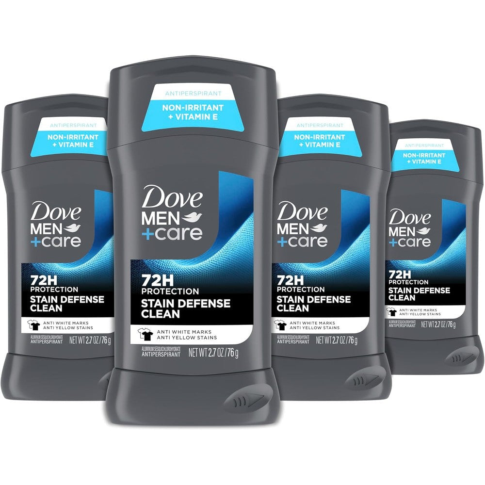Dove Men+Care Stain Defense Clean Antiperspirant Deodorant front view showing the 4-pack packaging