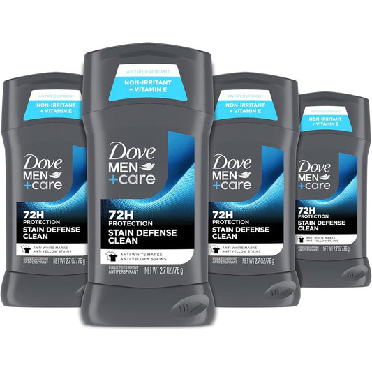 Dove Men Care Stain Defense Clean antiperspirant deodorant stick four pack front view