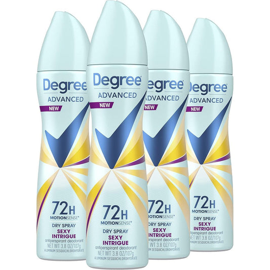 Degree Women Sexy Intrigue Antiperspirant Deodorant Dry Spray front view of 4 pack
