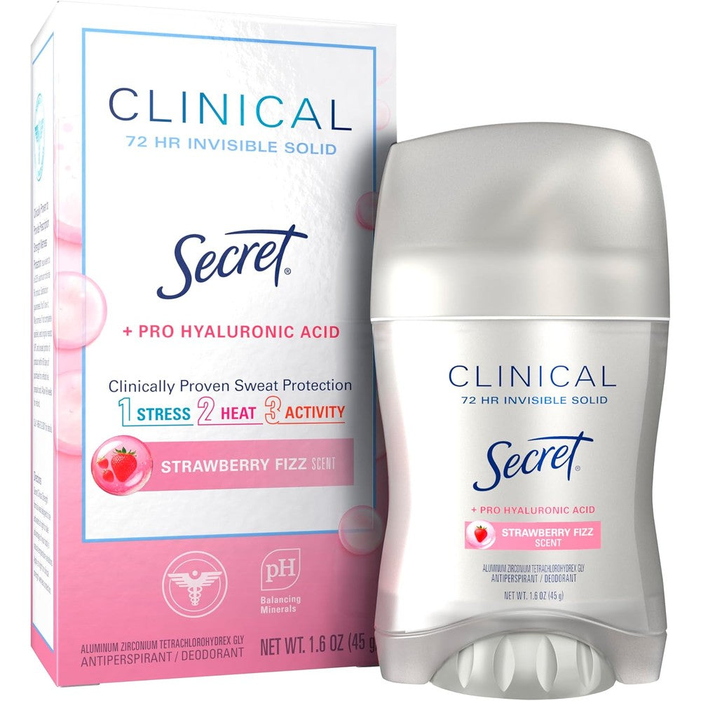 Secret clinical strength invisible solid deodorant front view showing packaging and branding