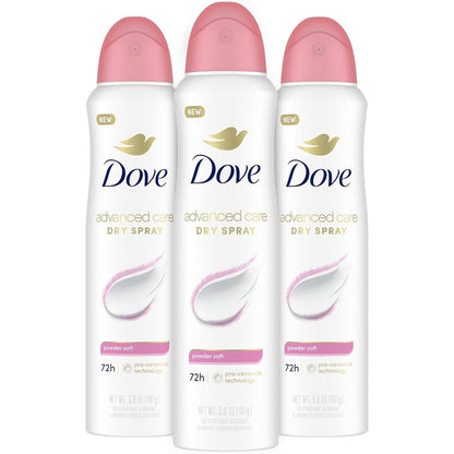 Dove Advanced Care Antiperspirant Dry Spray Powder Soft front view pack of three