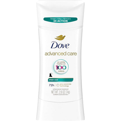 Dove Advanced Care Antiperspirant Deodorant Stick Sheer Cool front view packaging showing 72 hour protection