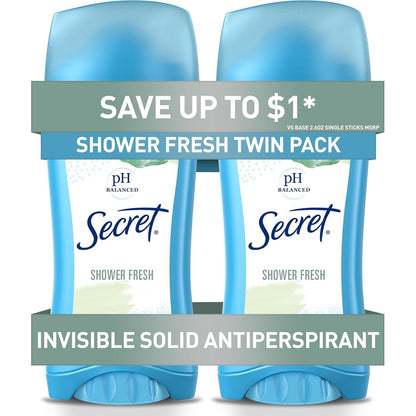 Secret Invisible Solid Antiperspirant and Deodorant Shower Fresh front view twin pack for sweat protection