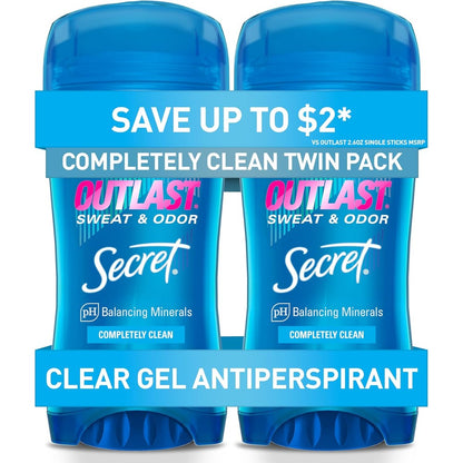 Secret Outlast Completely Clean Clear Gel Antiperspirant front view twin pack for reliable sweat protection.