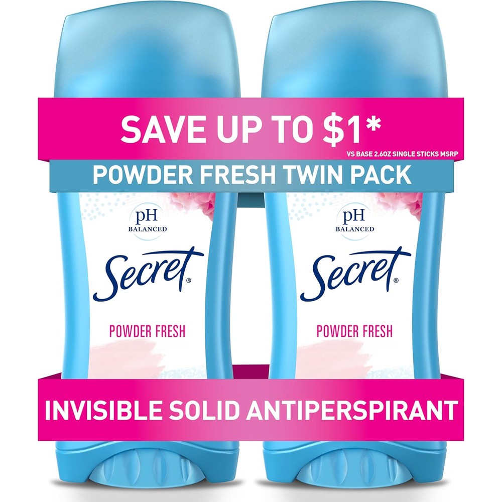Secret Invisible Solid Antiperspirant Deodorant Powder Fresh Twin Pack front view showing packaging
