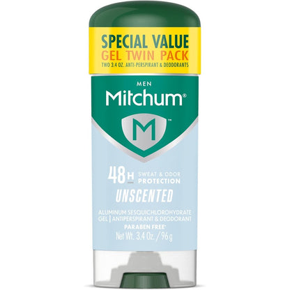 Mitchum Men Triple Odor Protection Antiperspirant Gel Unscented front view twin pack packaging