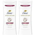 Dove Advanced Care Caring Coconut antiperspirant stick front view showing product packaging.