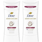 Dove Advanced Care Caring Coconut antiperspirant stick front view showing product packaging.