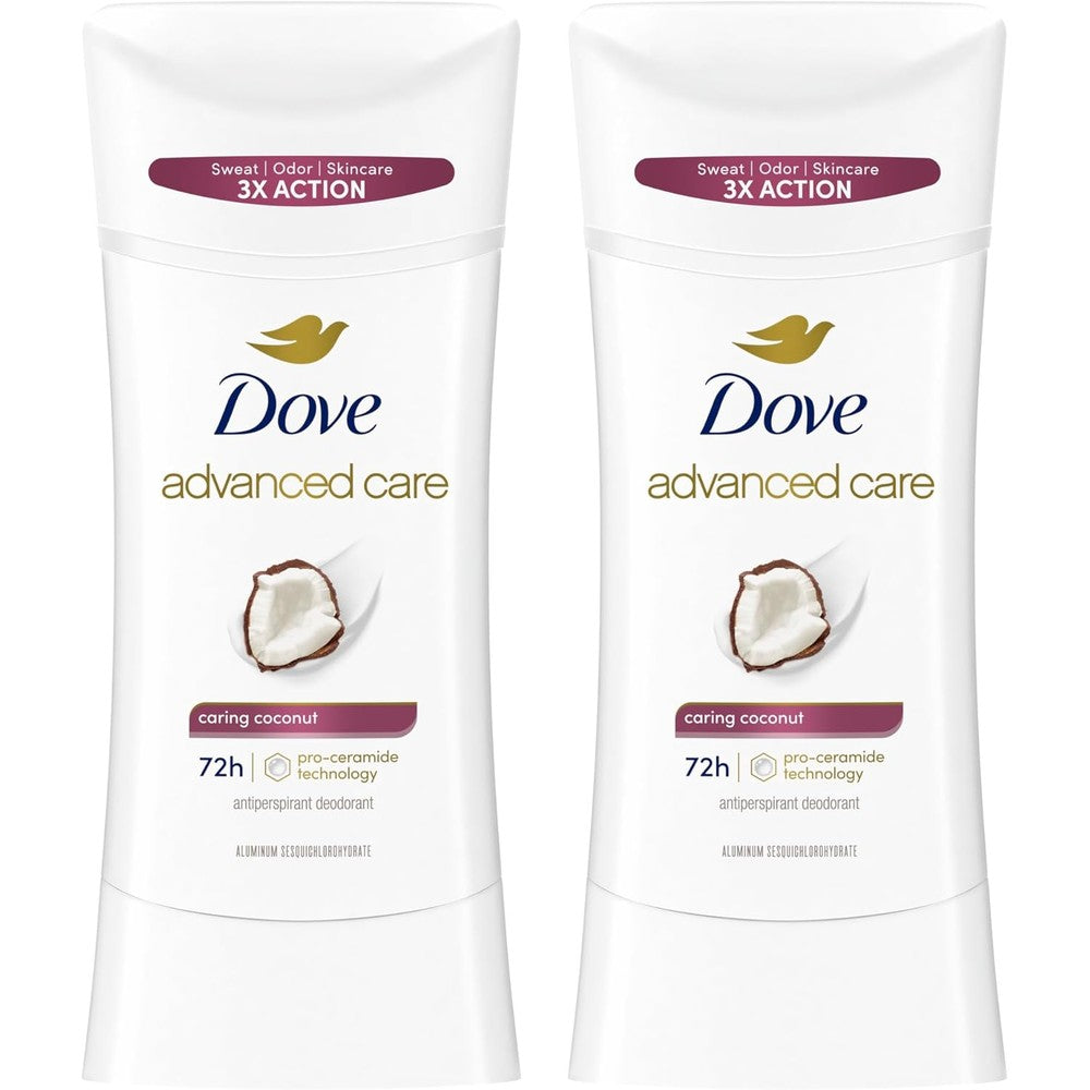 Dove Advanced Care Caring Coconut antiperspirant stick front view showing product packaging.