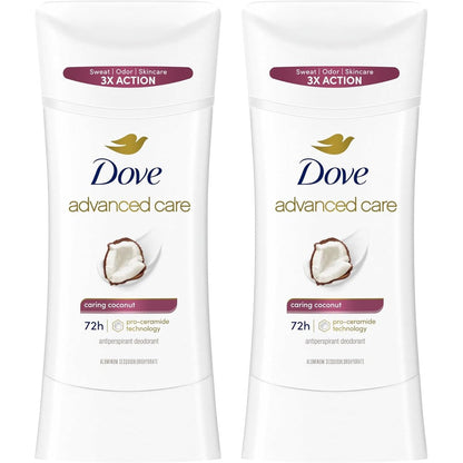 Dove Advanced Care Caring Coconut antiperspirant stick front view showing product packaging.