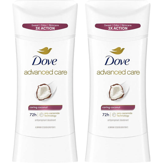 Dove Advanced Care Caring Coconut antiperspirant stick front view showing product packaging.