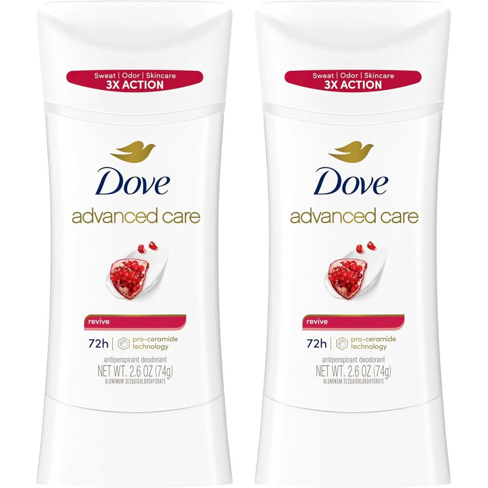 Dove Advanced Care Antiperspirant Deodorant Revive twin pack front view showing packaging details.