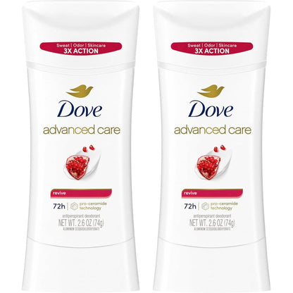 Dove Advanced Care Antiperspirant Deodorant Revive twin pack front view showing packaging details.