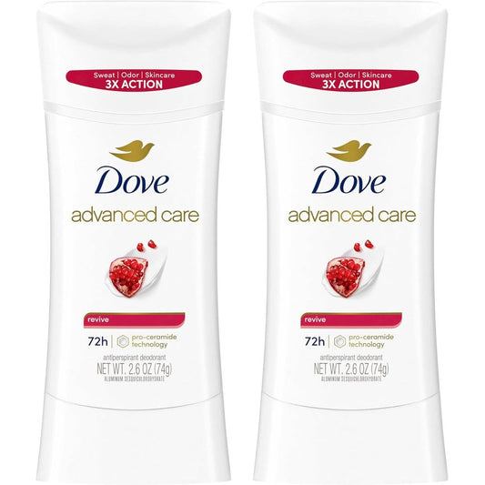 Dove Advanced Care Antiperspirant Deodorant Revive twin pack front view showing packaging details.