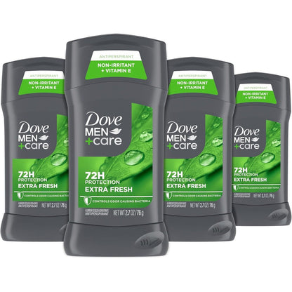 Dove Men Care Extra Fresh Antiperspirant Deodorant Stick front view showing four pack packaging