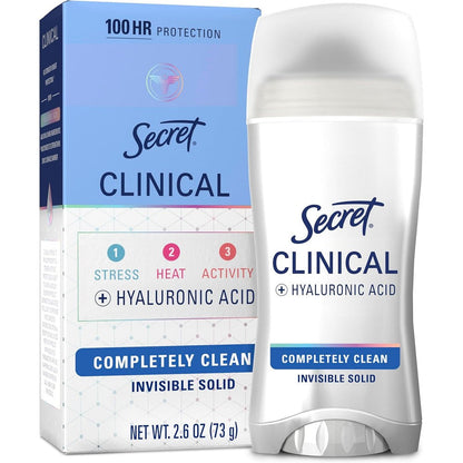 Secret Clinical Strength Antiperspirant Deodorant front view showing Completely Clean packaging.