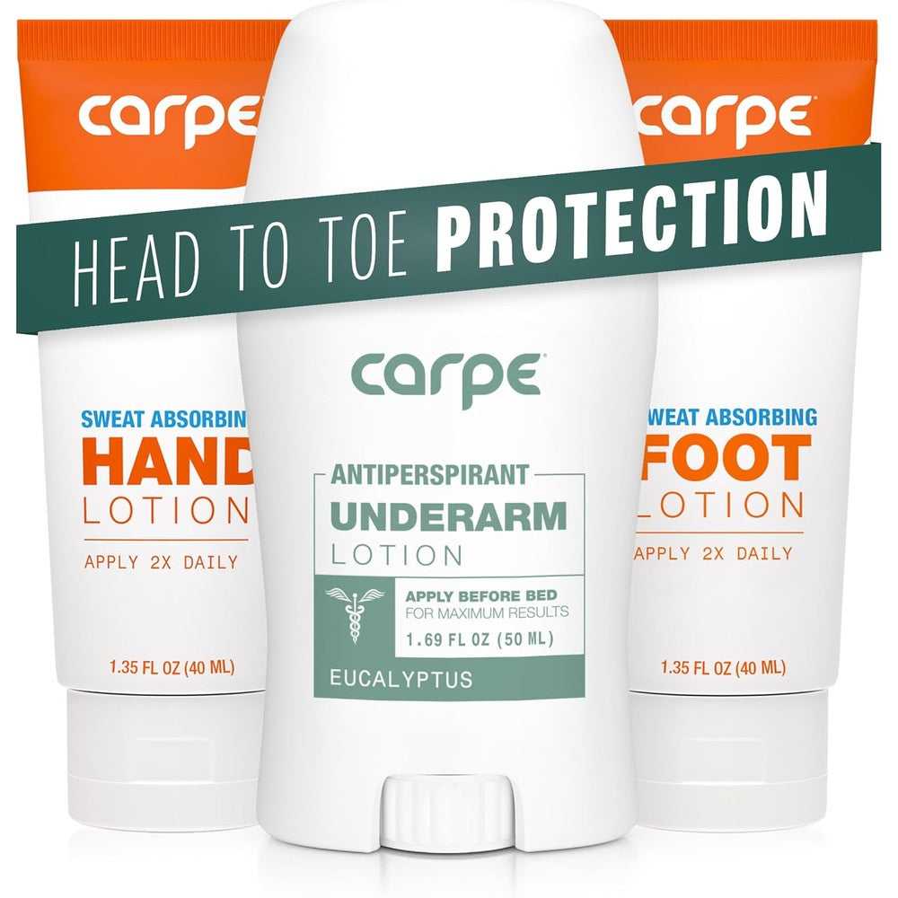 Carpe sweat absorbing underarm hand and foot lotion bundle front view container