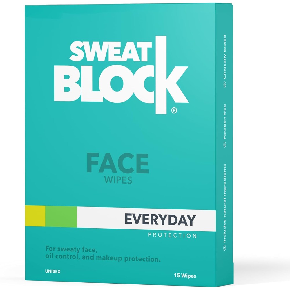 SweatBlock antiperspirant face wipes front box view packaging
