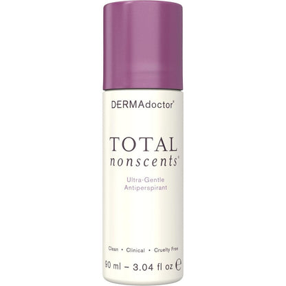 DERMAdoctor Total NonScents Ultra Gentle Antiperspirant front view showing purple cap clinical strength roll on packaging