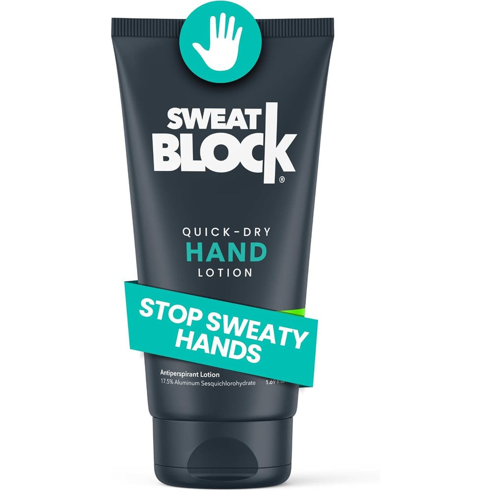 SweatBlock hand lotion front view showing tube packaging