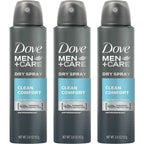 Dove Men Plus Care dry spray antiperspirant front view showing three cans