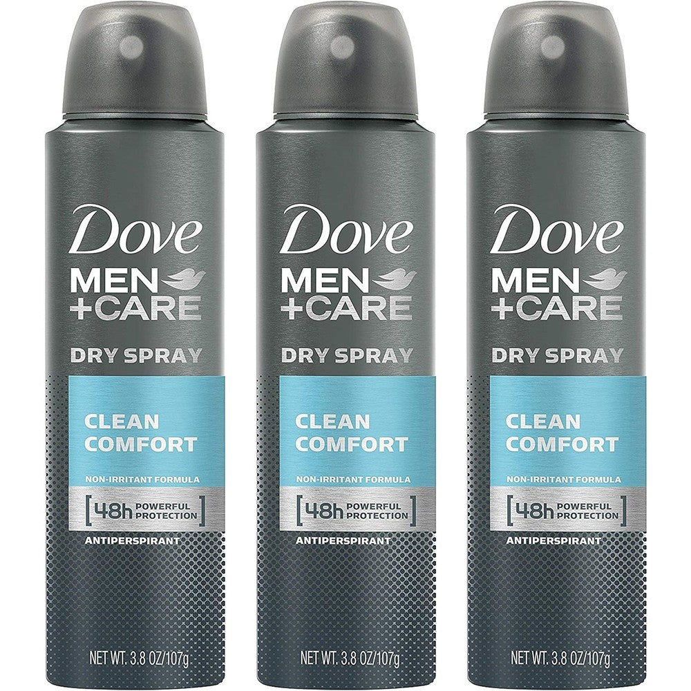 Dove Men Care Dry Spray Antiperspirant Clean Comfort Three Pack front view showing authentic imported grooming packaging