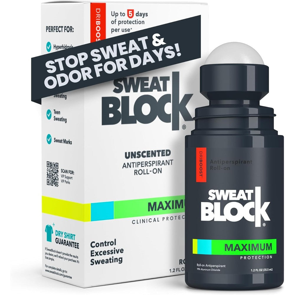 Sweatblock maximum strength roll on antiperspirant front view bottle packaging