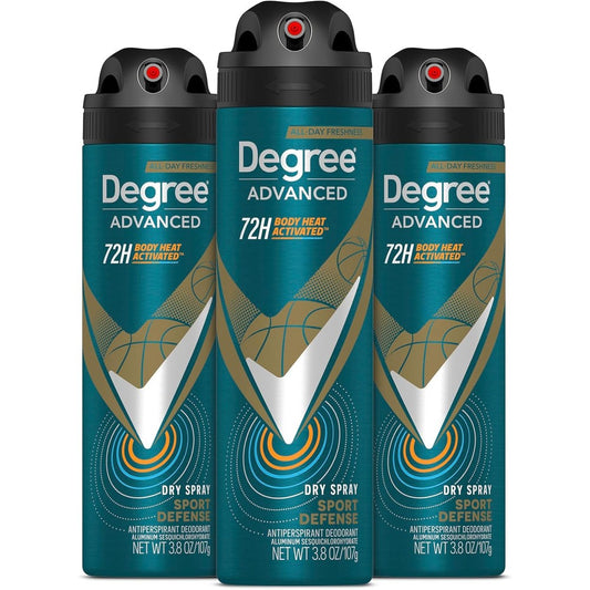 Degree Men Sport Defense Dry Spray Antiperspirant Deodorant three pack front view showcasing seventy-two hour protection packaging.