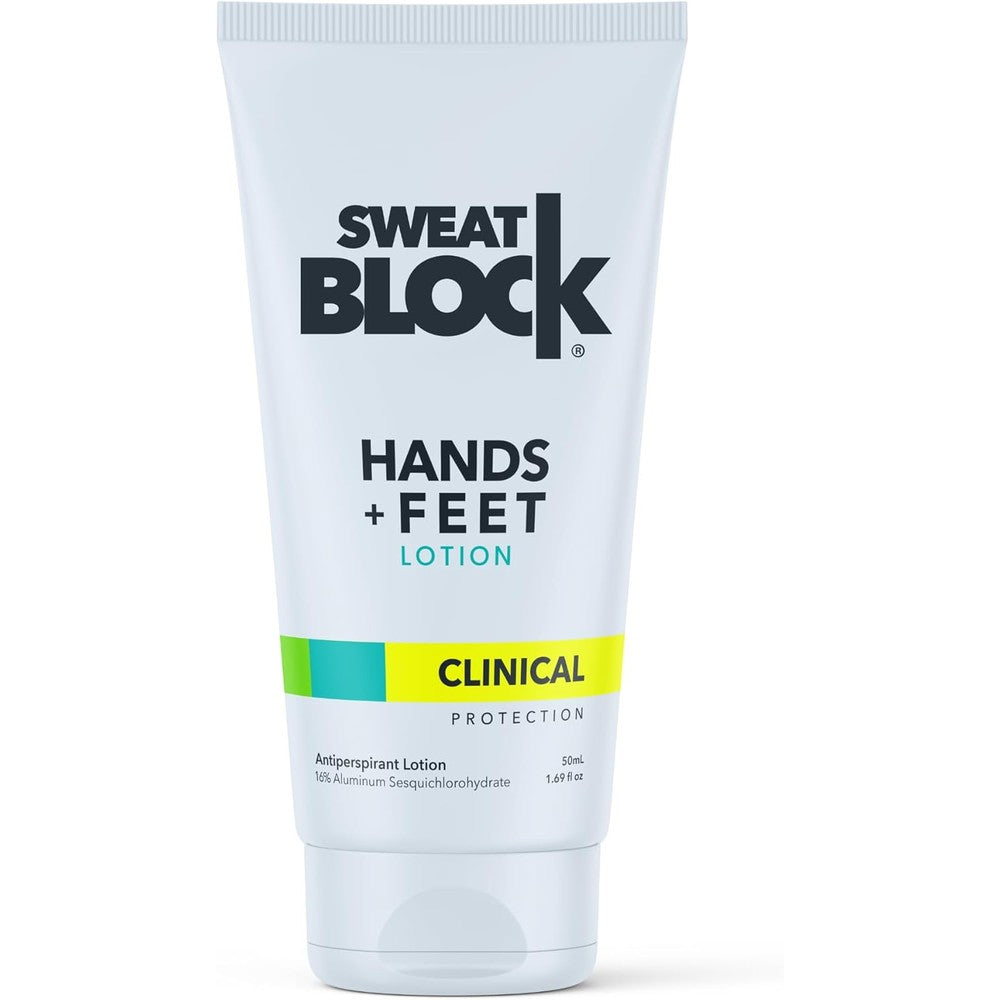 SweatBlock antiperspirant lotion front view clinical strength hand and foot treatment tube