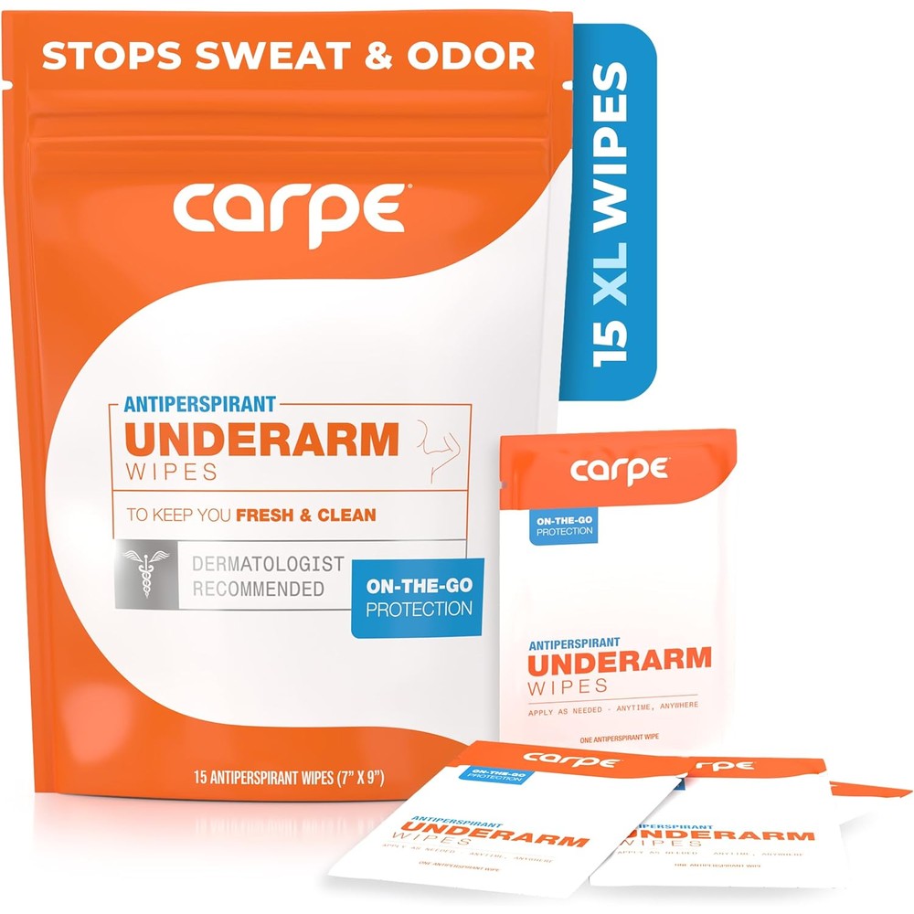 Carpe antiperspirant underarm wipes front view box packaging