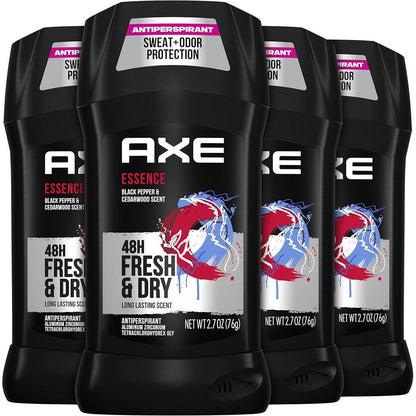 AXE Antiperspirant Deodorant Essence four pack front view showing premium packaging for sweat protection.